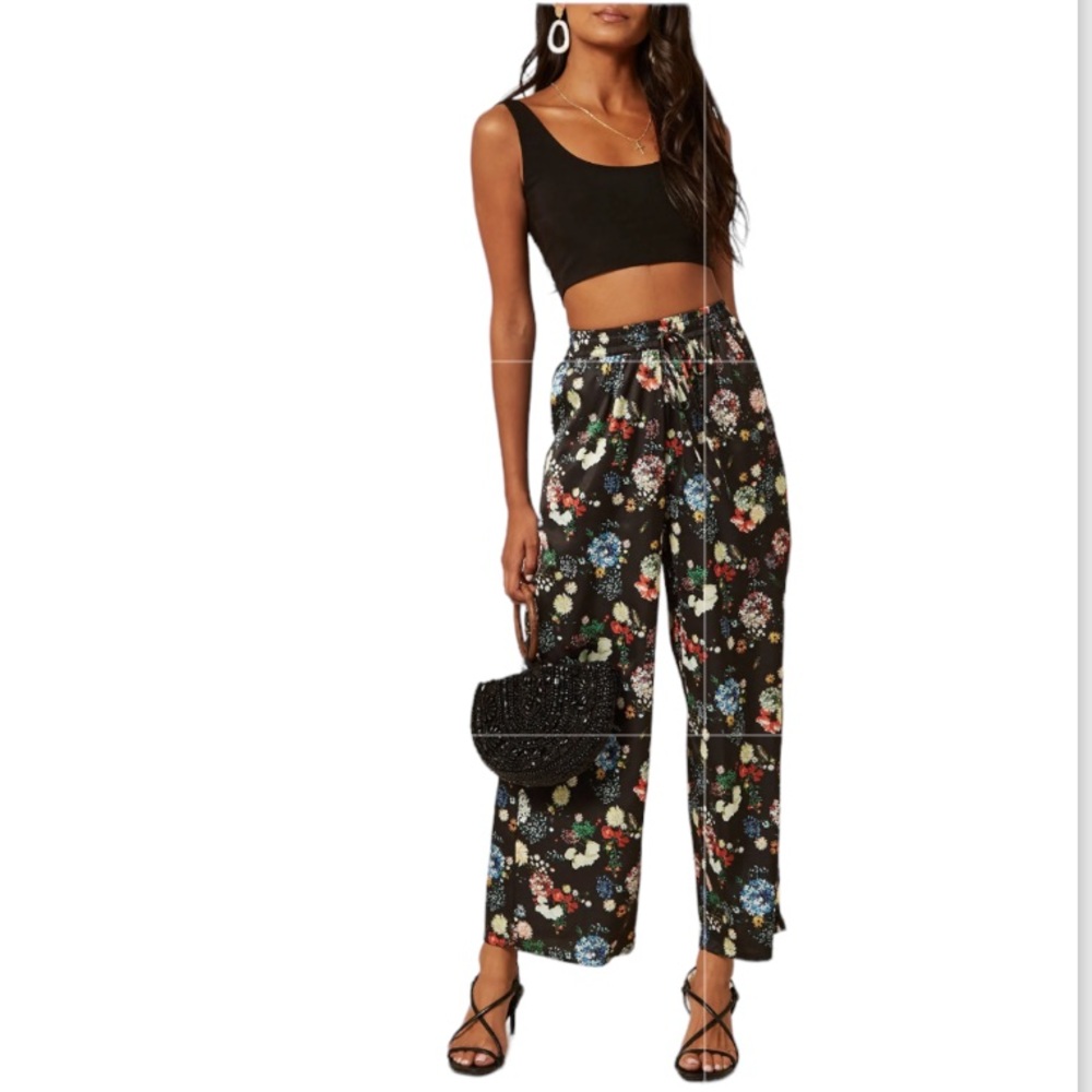 LOFT Floral Print Wide Leg Pants with Pockets & Stretchy Drawstring Wais…